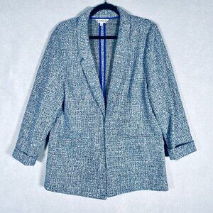 Nanette Lepore Jacket Womens L Blue Stretch Tweed Sweater Blazer Sequins Shiny